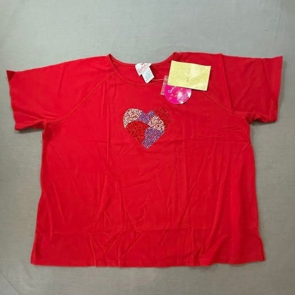 Quaker Factory Red Heart Embellished T Shirt Top 2X Plus Size Rhinestone Sparkle